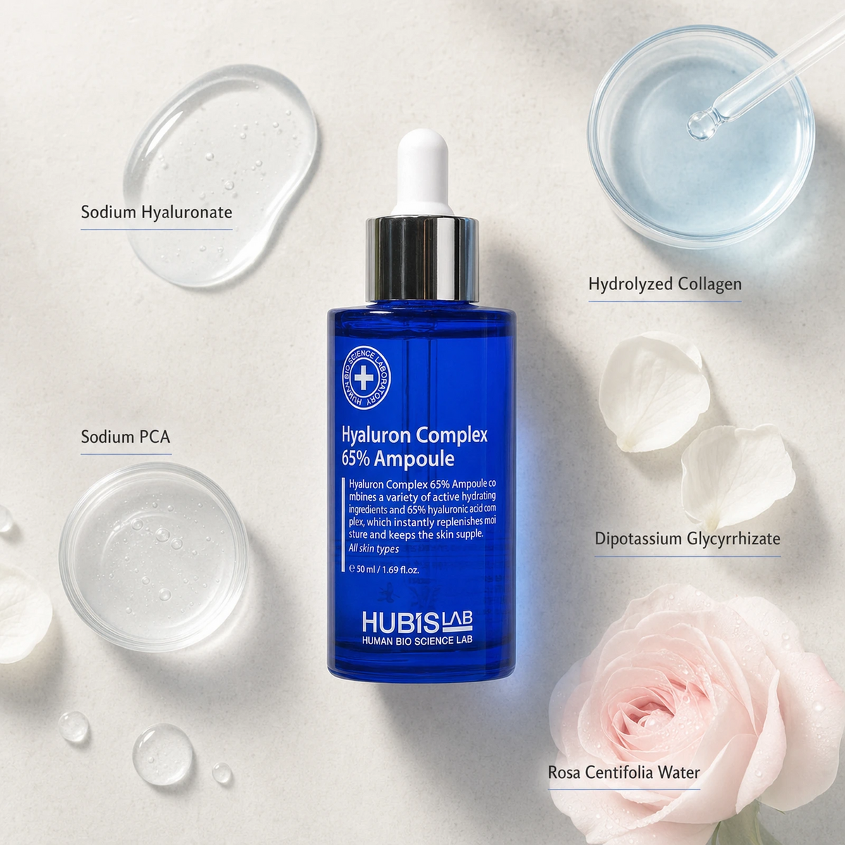 Hubislab Moisture Max Hyaluron Complex 65% Ampoule 50ml ingredient flatlay featuring Sodium Hyaluronate, Hydrolyzed Collagen, Sodium PCA, Dipotassium Glycyrrhizate and Rosa Centifolia Water.
