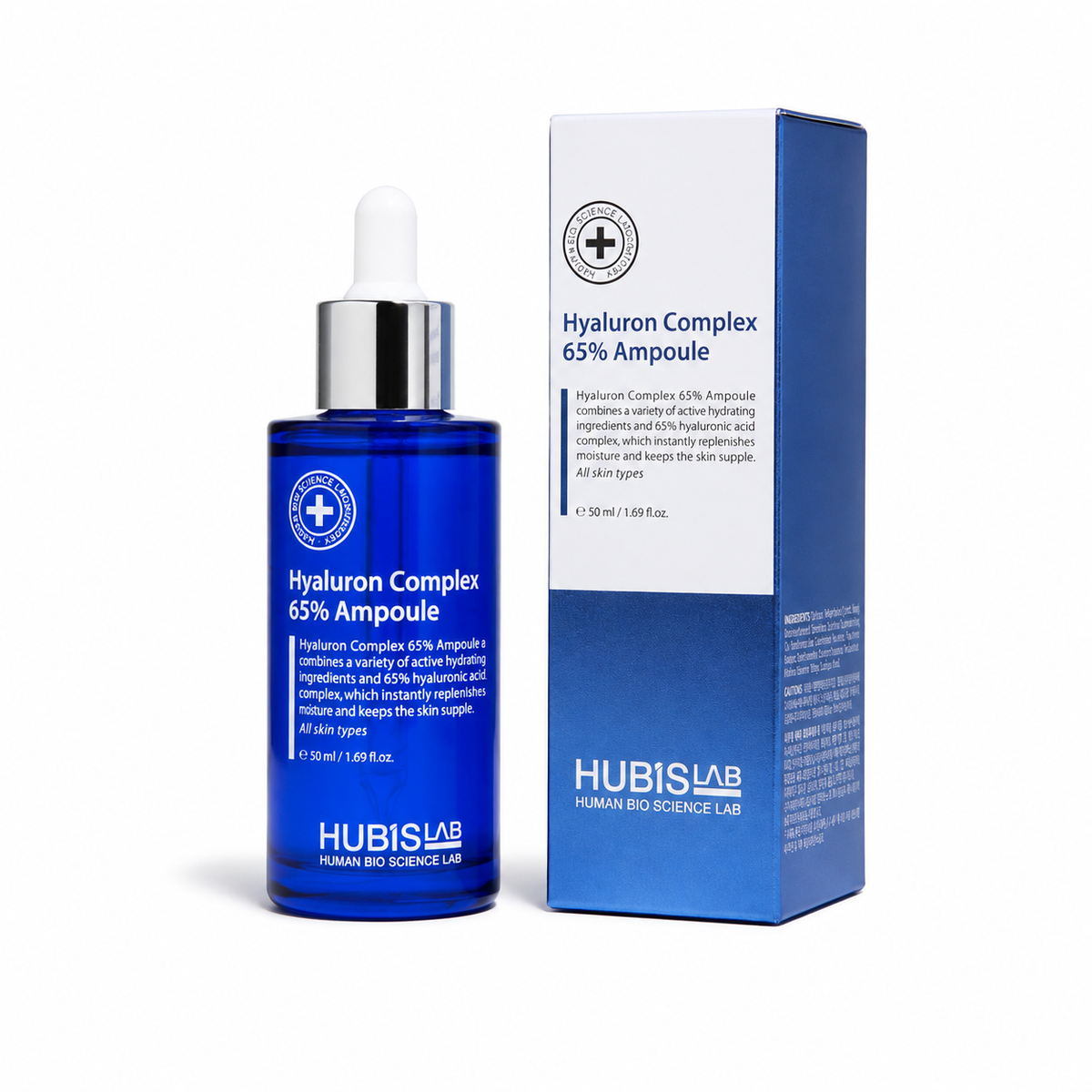 Hubislab Moisture Max Hyaluron Complex 65% Ampoule 50ml product image showing a blue ampoule bottle with a white dropper and its packaging box