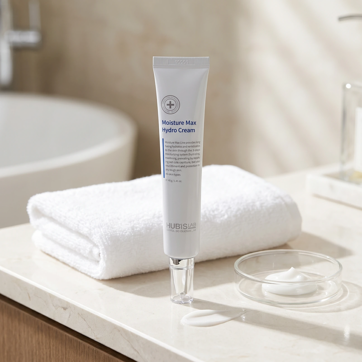 Hubislab Moisture Max Hydro Cream 40g displayed on a clean premium bathroom vanity with a soft towel, glass dish and refined cream texture cue.
