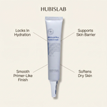 Hubislab Moisture Max Hydro Cream 40g benefit callout image highlighting locks in hydration, supports skin barrier, smooth primer-like finish and softens dry skin.