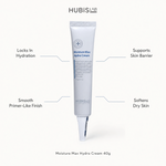 Hubislab Moisture Max Hydro Cream 40g benefit callout image highlighting locks in hydration, supports skin barrier, smooth primer-like finish and softens dry skin.