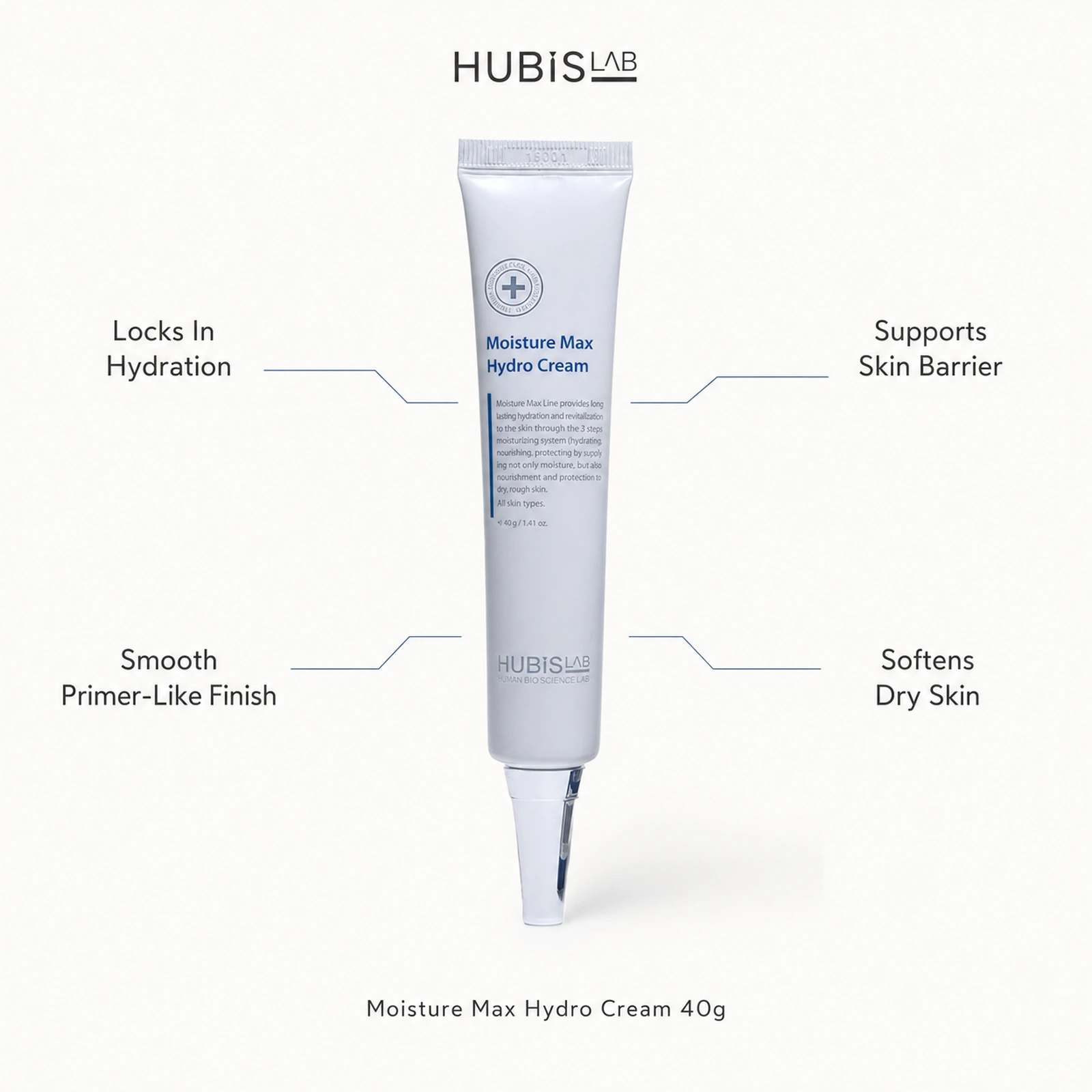 Hubislab Moisture Max Hydro Cream 40g benefit callout image highlighting locks in hydration, supports skin barrier, smooth primer-like finish and softens dry skin.