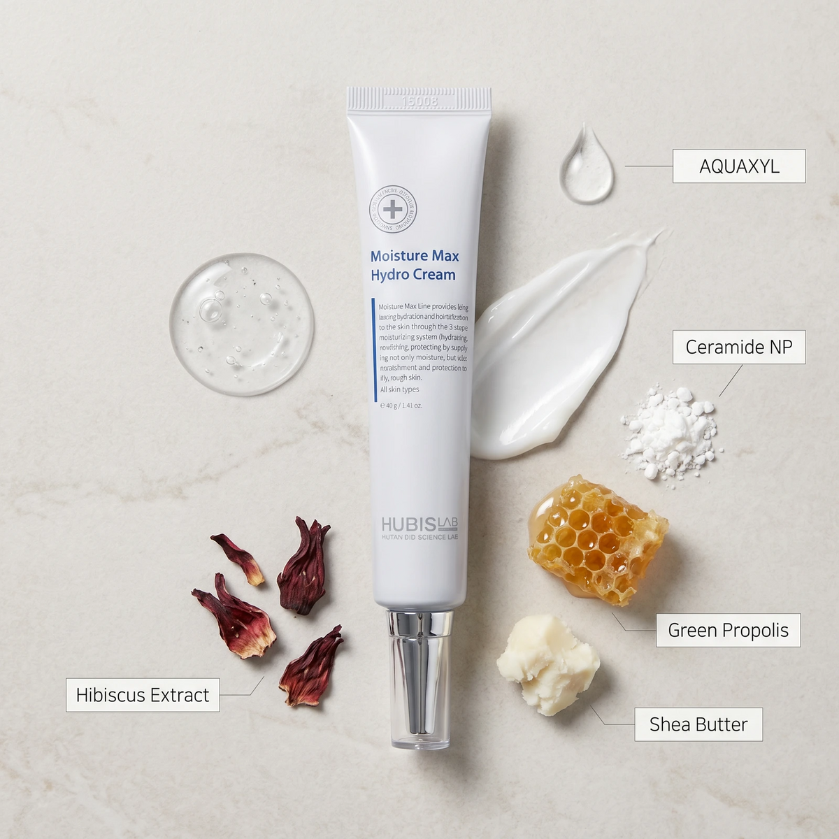 Hubislab Moisture Max Hydro Cream 40g ingredient flatlay featuring AQUAXYL, Ceramide NP, Green Propolis, Shea Butter and Hibiscus Extract.
