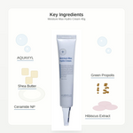 Hubislab Moisture Max Hydro Cream 40g ingredient flatlay featuring AQUAXYL, Ceramide NP, Green Propolis, Shea Butter and Hibiscus Extract.