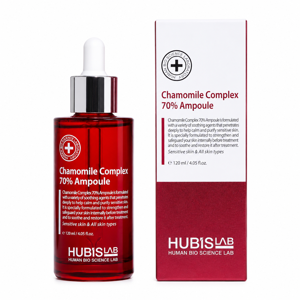 Hubislab Post Rays Chamomile Complex 70% Ampoule 50ml bottle and packaging with HUBIS LAB branding on a white background
