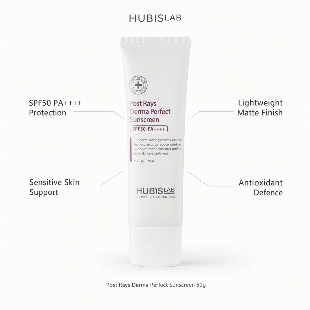 Hubislab Post Rays Derma Perfect Sunscreen SPF50 PA++++ 50g benefit callout image highlighting SPF50  protection, sensitive skin support, lightweight matte finish and antioxidant defence.