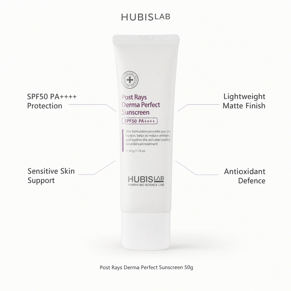 Hubislab Post Rays Derma Perfect Sunscreen SPF50 PA++++ 50g benefit callout image highlighting SPF50  protection, sensitive skin support, lightweight matte finish and antioxidant defence.