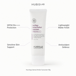 Hubislab Post Rays Derma Perfect Sunscreen SPF50 PA++++ 50g benefit callout image highlighting SPF50  protection, sensitive skin support, lightweight matte finish and antioxidant defence.