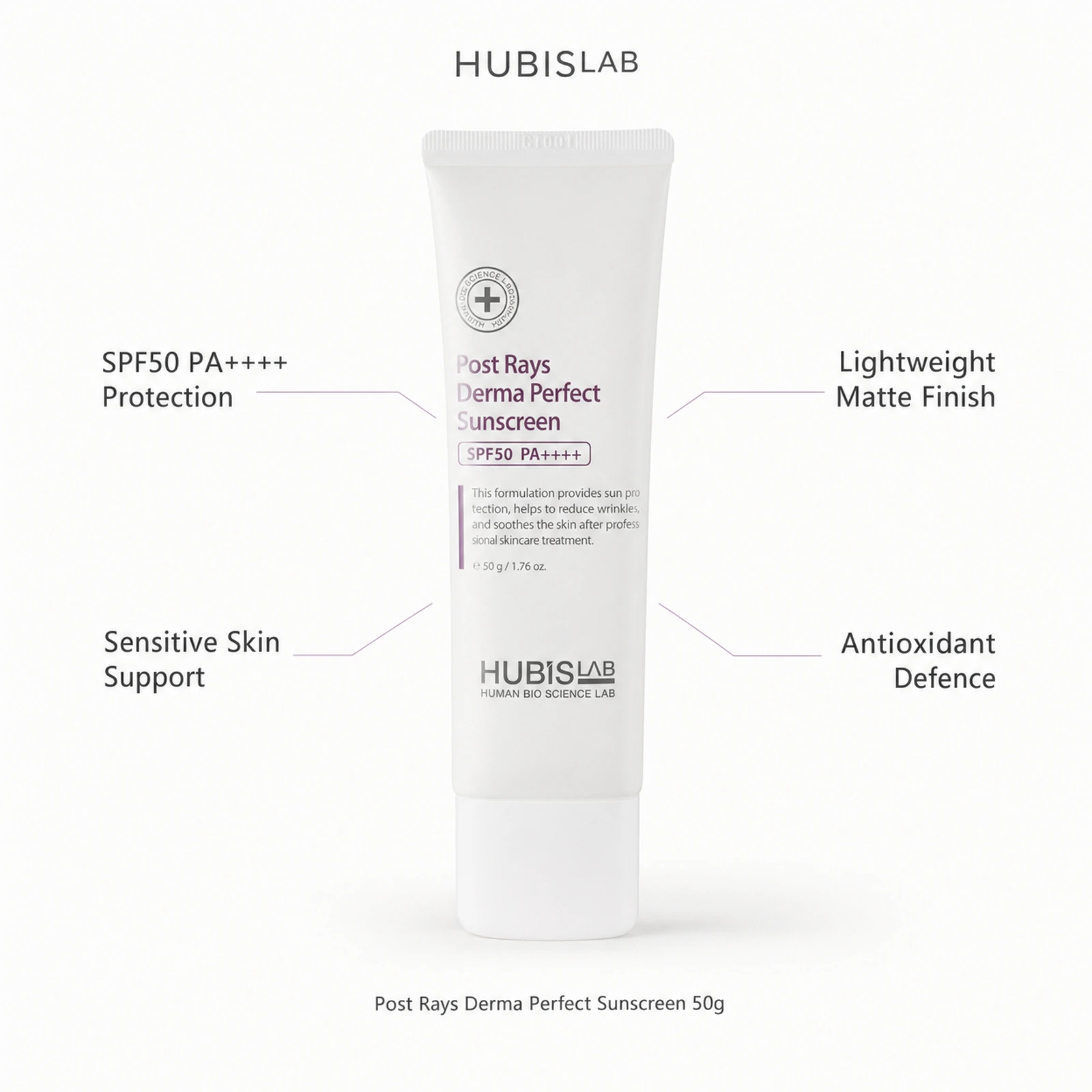 Hubislab Post Rays Derma Perfect Sunscreen SPF50 PA++++ 50g benefit callout image highlighting SPF50  protection, sensitive skin support, lightweight matte finish and antioxidant defence.