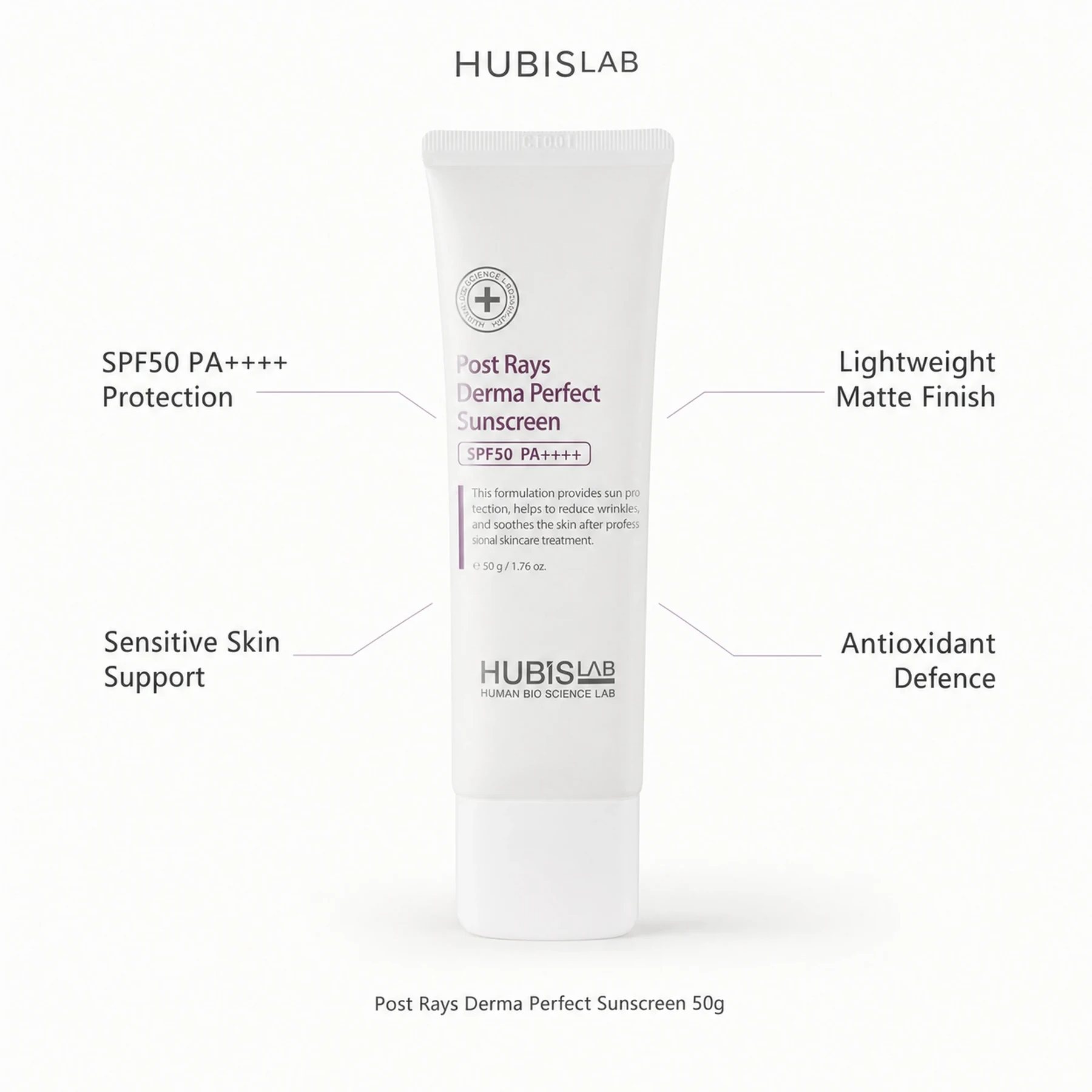 Hubislab Post Rays Derma Perfect Sunscreen SPF50 PA++++ 50g with benefit callouts for SPF50+ protection, non-greasy finish, tone-up glow and sensitive skin suitability.
