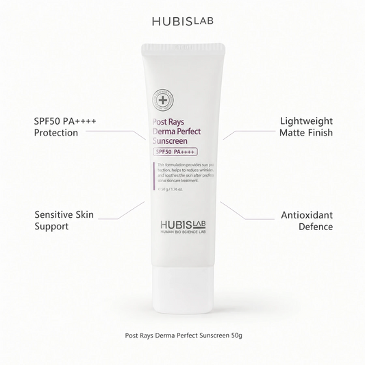 Hubislab Post Rays Derma Perfect Sunscreen SPF50 PA++++ 50g with benefit callouts for SPF50+ protection, non-greasy finish, tone-up glow and sensitive skin suitability.