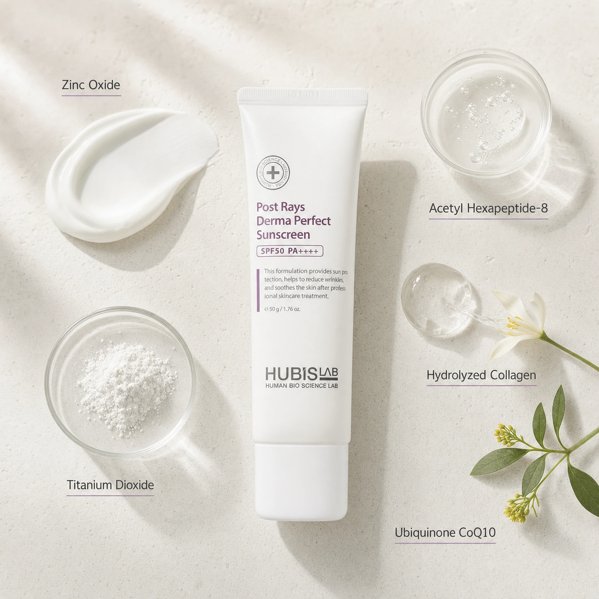 Hubislab Post Rays Derma Perfect Sunscreen SPF50 PA++++ 50g ingredient flatlay featuring Zinc Oxide, Titanium Dioxide, Acetyl Hexapeptide-8, Hydrolyzed Collagen and Ubiquinone CoQ10.