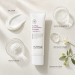 Hubislab Post Rays Derma Perfect Sunscreen SPF50 PA++++ 50g ingredient flatlay featuring Zinc Oxide, Titanium Dioxide, Acetyl Hexapeptide-8, Hydrolyzed Collagen and Ubiquinone CoQ10.