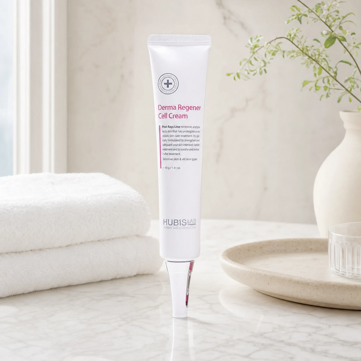 Hubislab Post Rays Derma Regener Cell Cream 40g displayed in a premium bathroom vanity setting for post-treatment, sensitised or damaged skin.