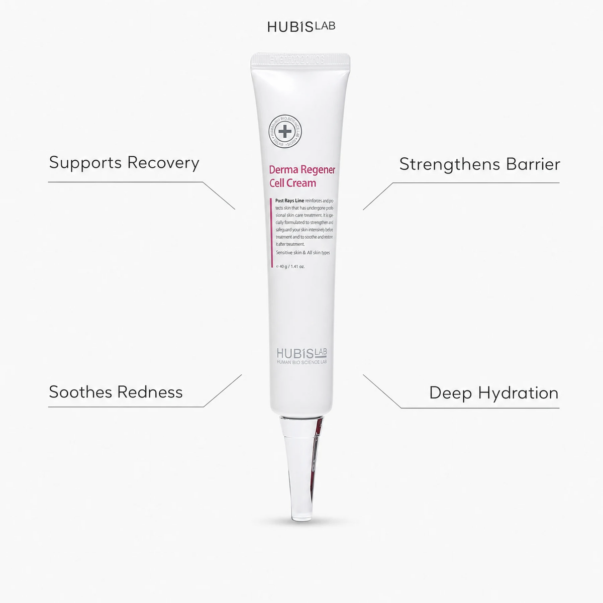 Hubislab Post Rays Derma Regener Cell Cream 40g with benefit callouts for recovery support, barrier strength, redness comfort and deep hydration.