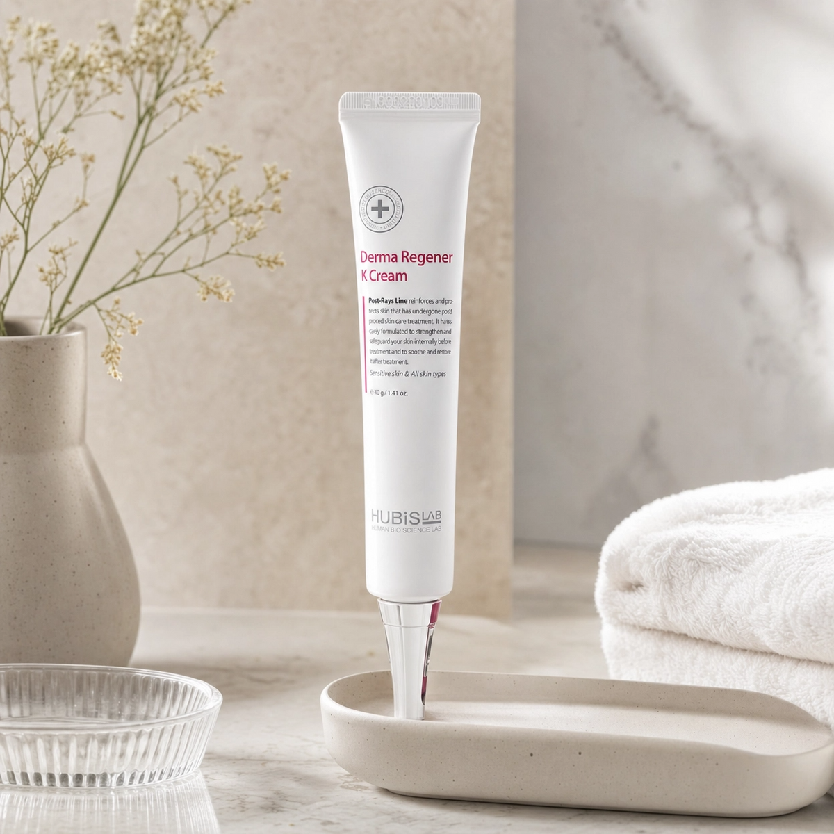 Hubislab Post Rays Derma Regener K Cream 40ml displayed in a premium bathroom vanity setting for sensitive or post-procedure skin.