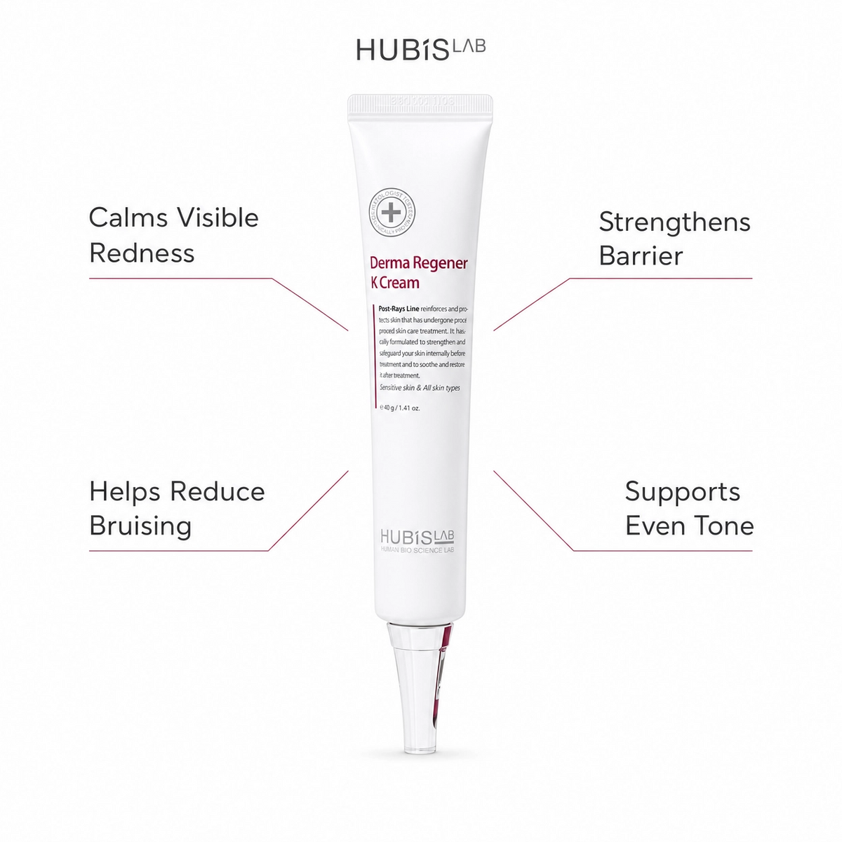 Hubislab Post Rays Derma Regener K Cream 40ml with benefit callouts for visible redness, bruising, skin barrier strength and even tone support.