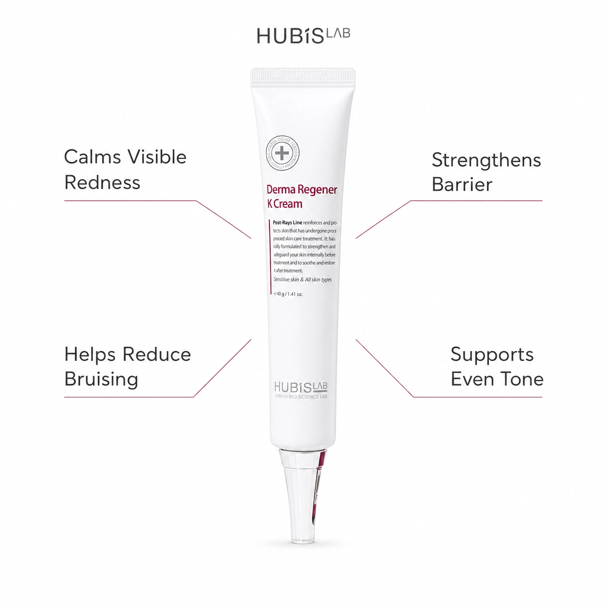 Hubislab Post Rays Derma Regener K Cream 40ml with benefit callouts for visible redness, bruising, skin barrier strength and even tone support.