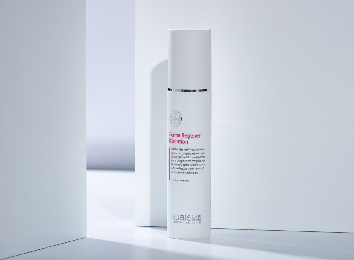 A white bottle of Post Rays Derma Regener K Solution by Hubislab in stylish white setting