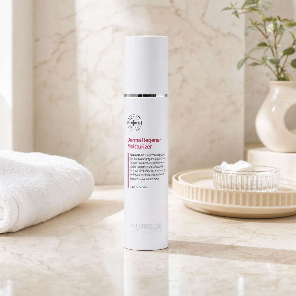 Hubislab Post Rays Derma Regener Moisturizer 120ml displayed in a premium bathroom vanity setting for dehydrated, sensitive or post-treatment skin.
