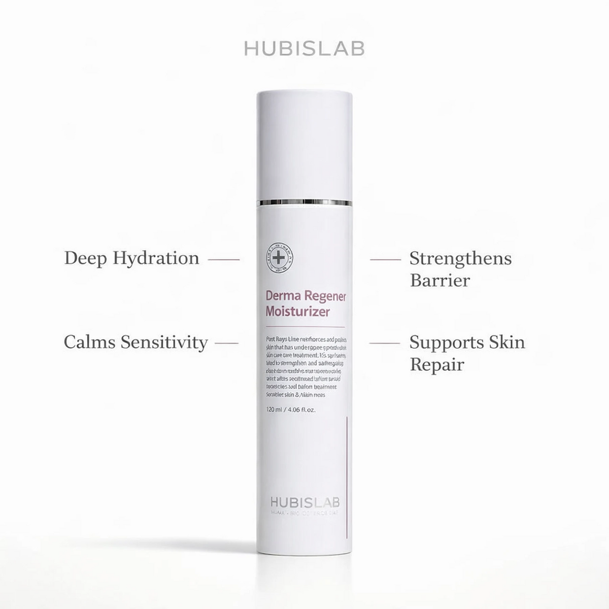 Hubislab Post Rays Derma Regener Moisturizer 120ml with benefit callouts for deep hydration, sensitivity comfort, barrier strength and skin repair support.