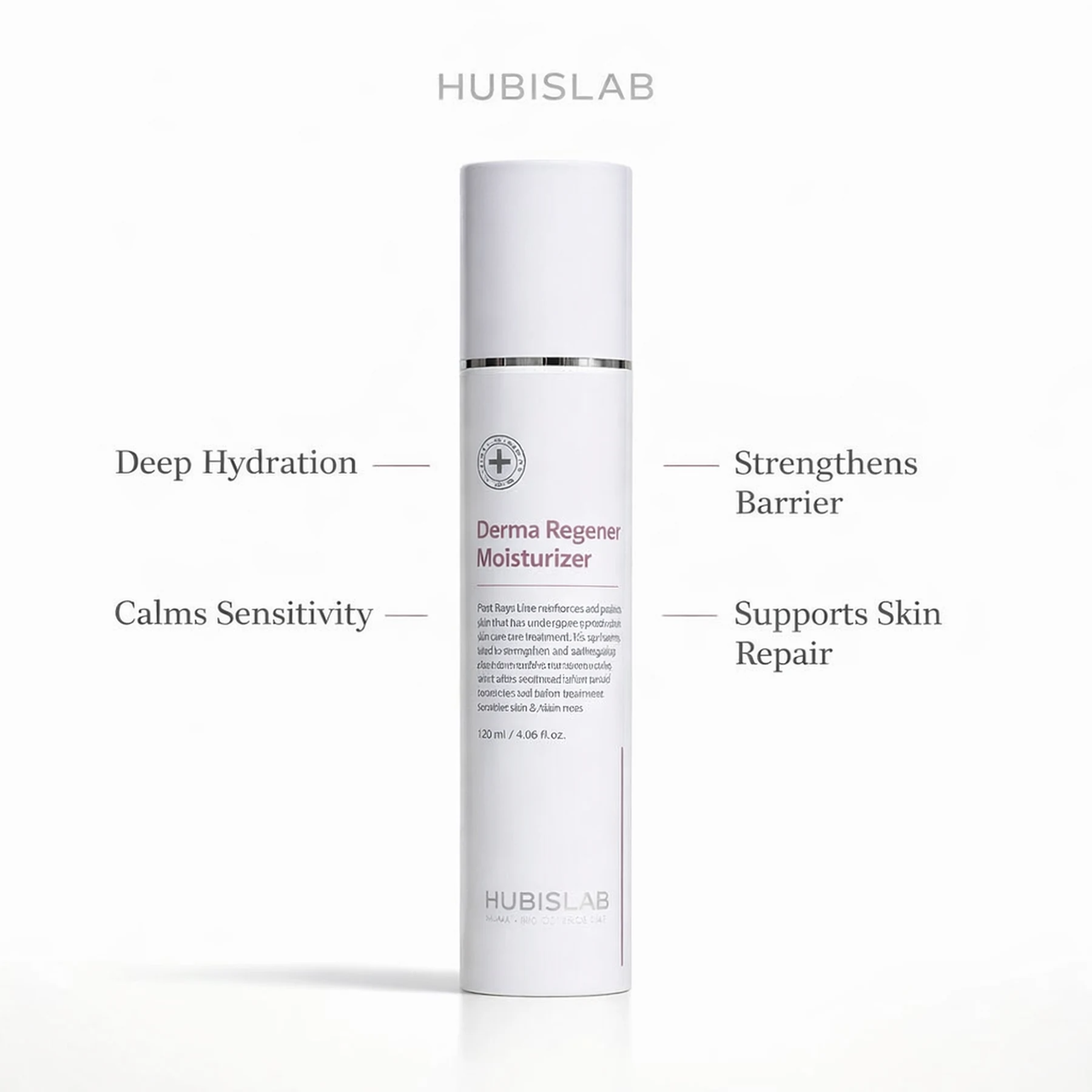 Hubislab Post Rays Derma Regener Moisturizer 120ml with benefit callouts for deep hydration, sensitivity comfort, barrier strength and skin repair support.