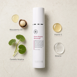 Hubislab Post Rays Derma Regener Moisturizer 120ml ingredient flatlay featuring Macadamia Oil, Centella Asiatica, Vitamin E and Betaine.