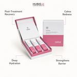 Hubislab Post Rays Gift Set benefit callout image highlighting post-treatment recovery, calms redness, deep hydration and strengthens barrier in a clean clinical-luxury layout.