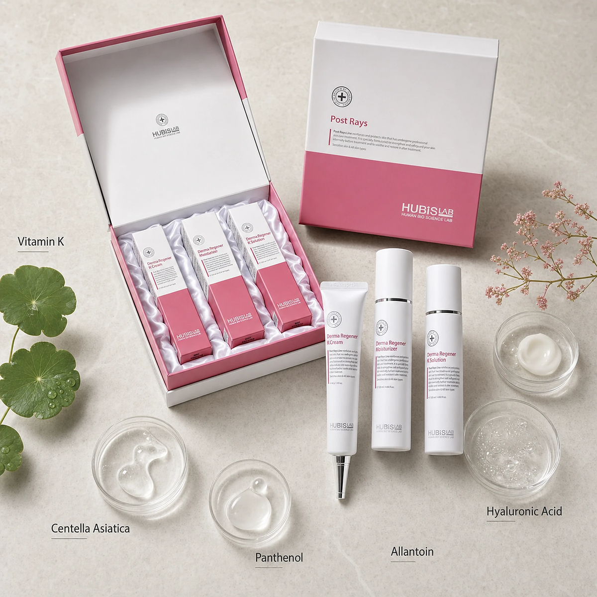 Hubislab Post Rays Gift Set 3 items  photographic ingredient flatlay featuring Vitamin K, Centella Asiatica, Panthenol, Allantoin and Hyaluronic Acid.