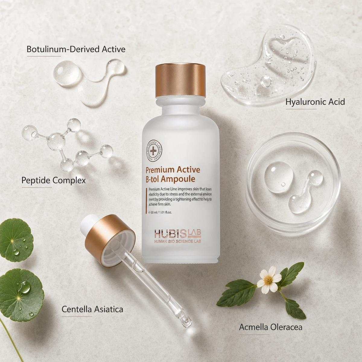Hubislab Premium Active B-tol Ampoule 30ml ingredient flatlay featuring Botulinum-Derived Active, Hyaluronic Acid, Peptide Complex, Centella Asiatica and Acmella Oleracea.