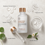 Hubislab Premium Active B-tol Ampoule 30ml ingredient flatlay featuring Botulinum-Derived Active, Hyaluronic Acid, Peptide Complex, Centella Asiatica and Acmella Oleracea.