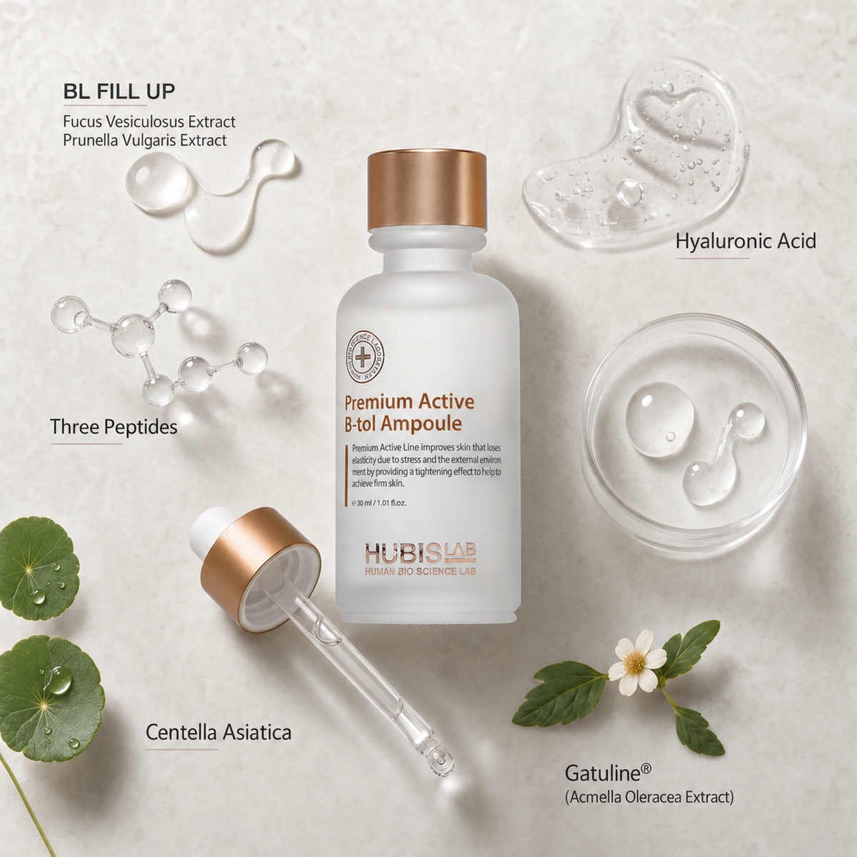 HUBISLAB B-tol Ampoule ingredients: BL FILL UP, hyaluronic acid, three peptides, Centella Asiatica and Gatuline (Acmella Oleracea Extract).