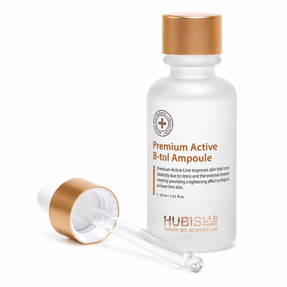 Minimal HUBISLAB Premium Active B-tol Ampoule product bottle 30ml with dropper next to it on clean white background 