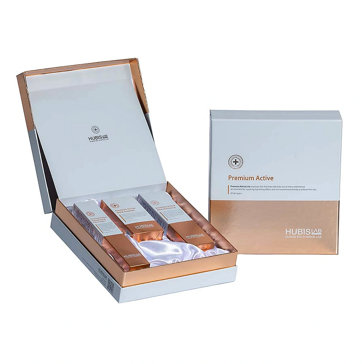 Hubislab Premium Active Gift Set,  complete ageing care. Skincare product set with open box and 3 products closed packaging on a white background