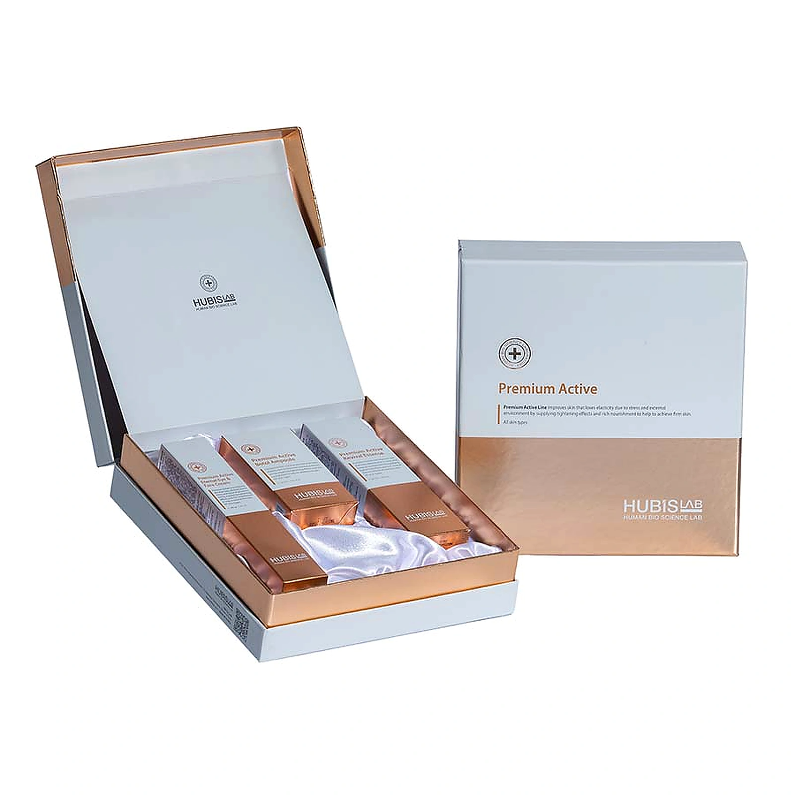 Hubislab Premium Active Gift Set,  complete ageing care. Skincare product set with open box and 3 products closed packaging on a white background