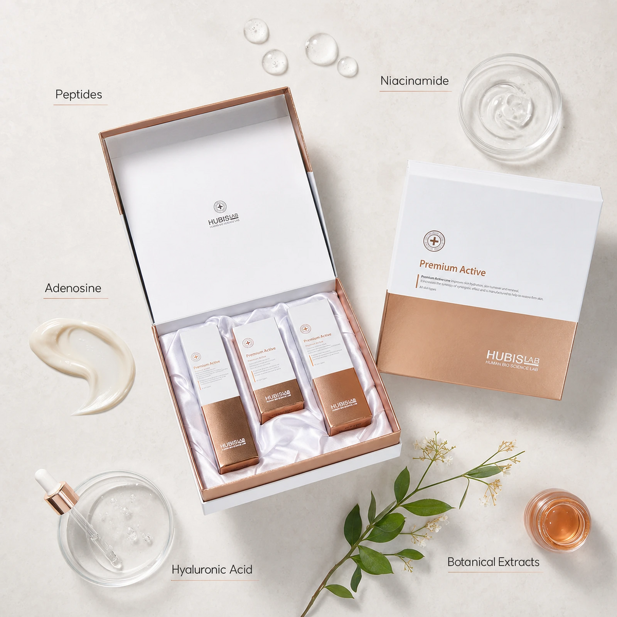 Hubislab Premium Active Gift Set ingredient flatlay featuring Peptides, Niacinamide, Adenosine, Hyaluronic Acid and Botanical Extracts.