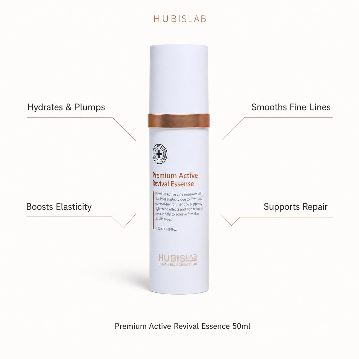 Hubislab Premium Active Revival Essence 50ml benefit callout image highlighting hydrates and plumps, smooths fine lines, boosts elasticity and supports repair.