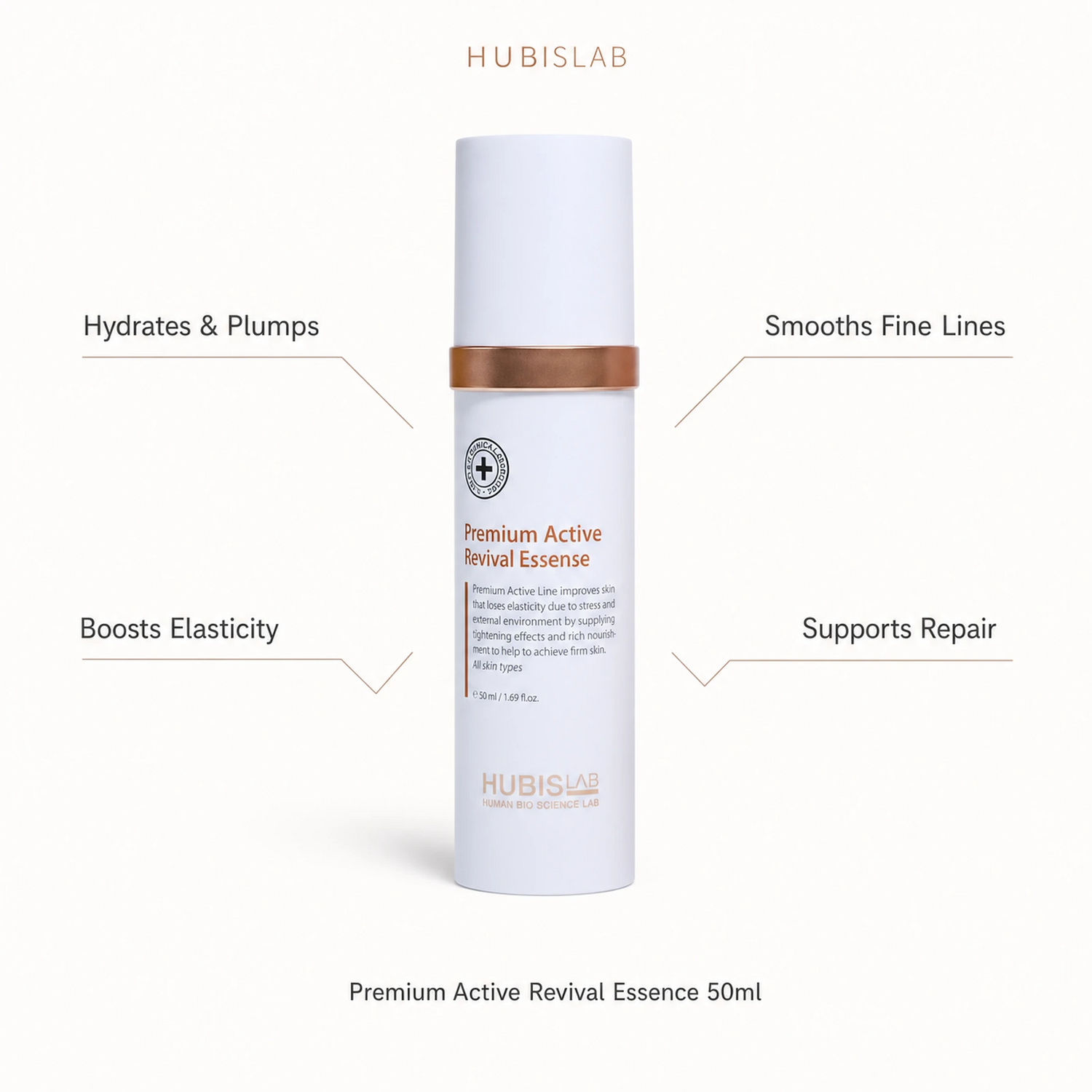 Hubislab Premium Active Revival Essence 50ml benefit callout image highlighting hydrates and plumps, smooths fine lines, boosts elasticity and supports repair.