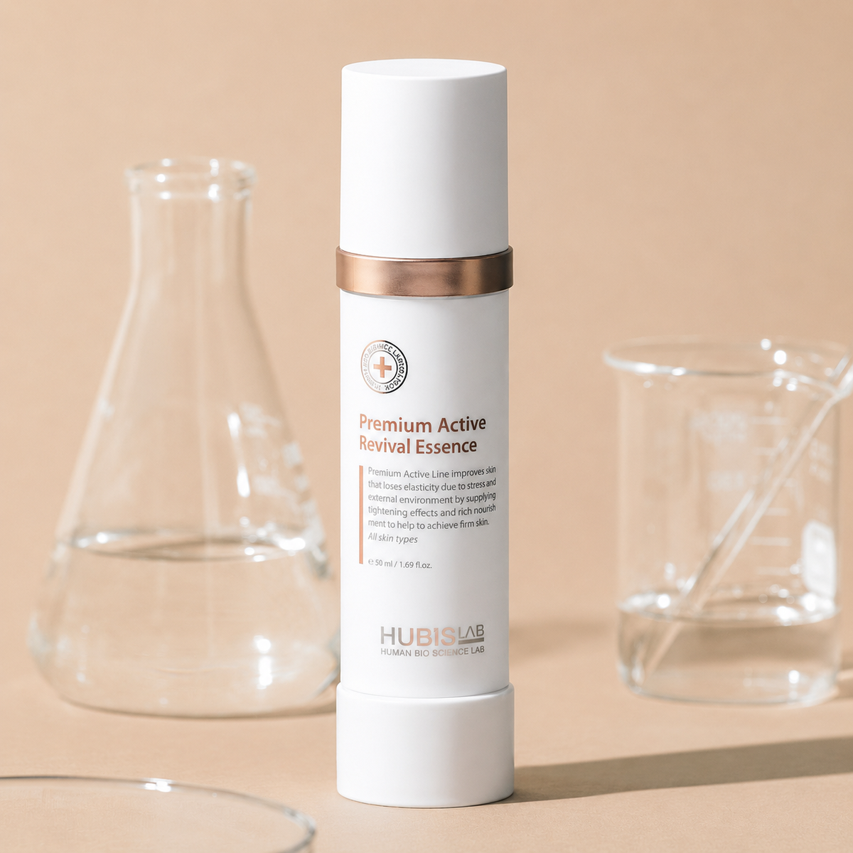 Hubislab Premium Active Revival Essence 50ml shown with lab jars of liquid