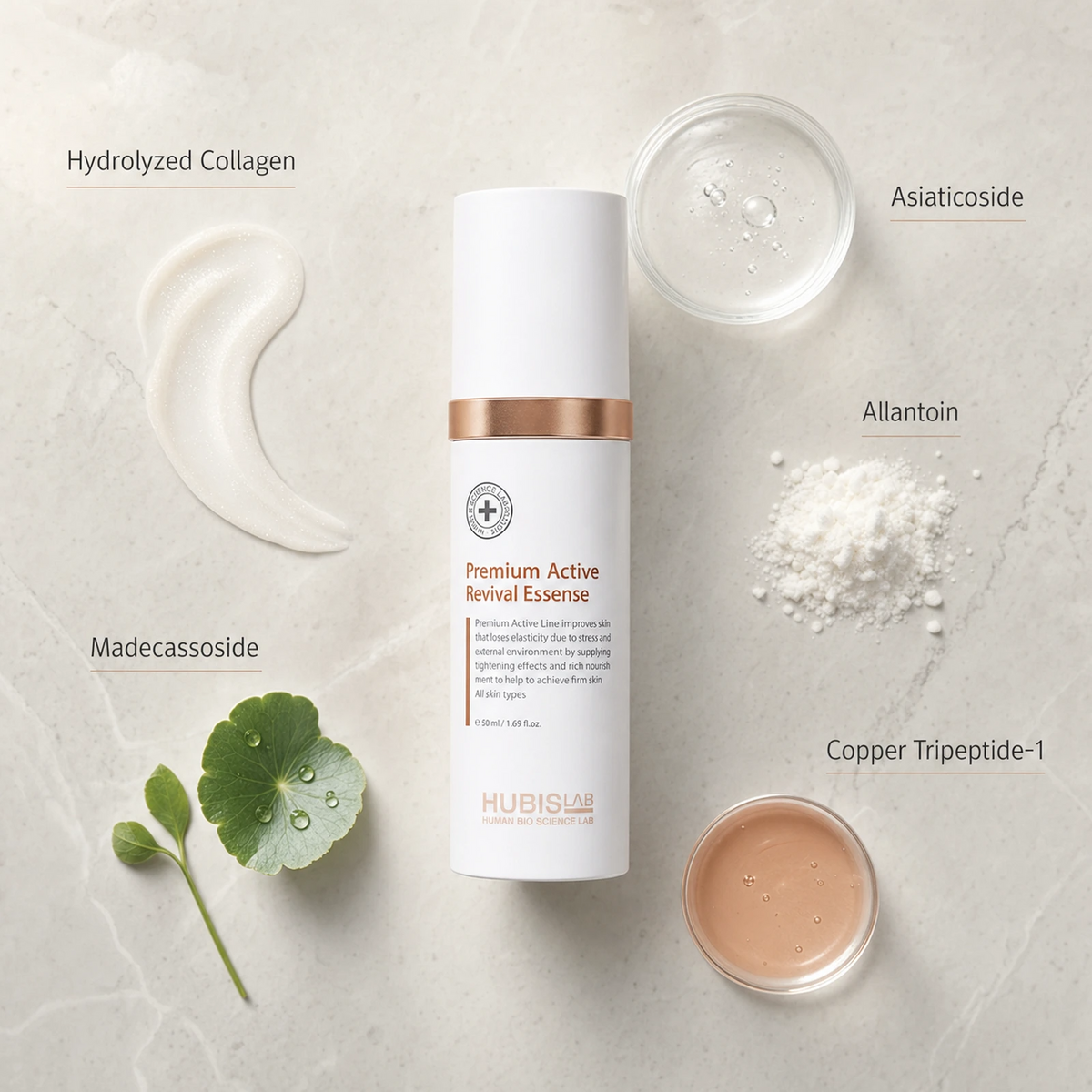 Hubislab Premium Active Revival Essence 50ml ingredient flatlay featuring Hydrolyzed Collagen, Asiaticoside, Madecassoside, Allantoin and Copper Tripeptide-1.