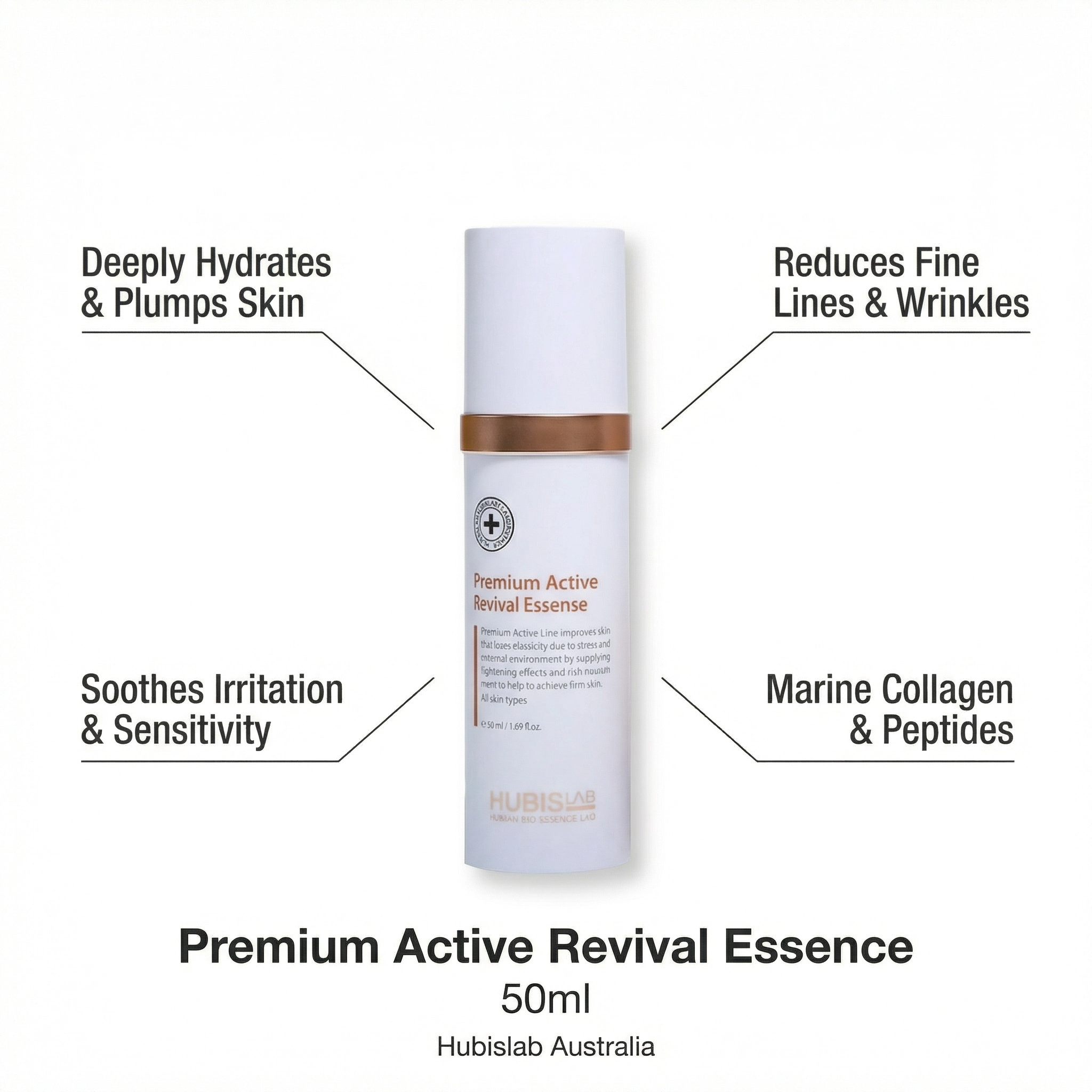 Hubislab Australia Premium Active Revival Essence bottle with text highlighting benefits on a white background