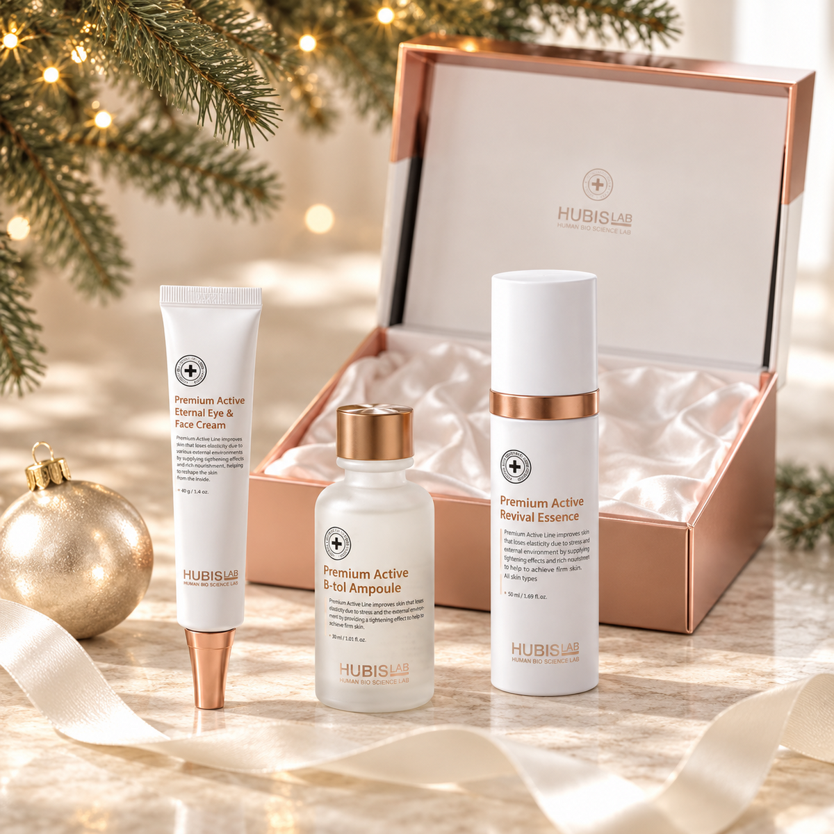 HUBISLAB Premium Active Set displayed beside a Christmas tree. File: hubislab-premium-active-set-christmas-tree-2026.png