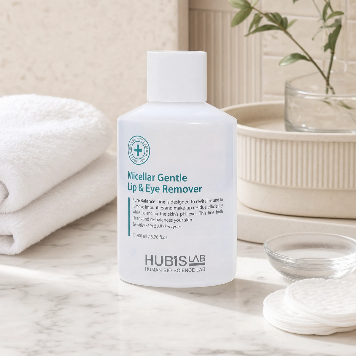 Hubislab Pure Balance Micellar Gentle Lip & Eye Remover 200ml displayed in a premium bathroom vanity setting for sensitive eye and lip makeup removal.