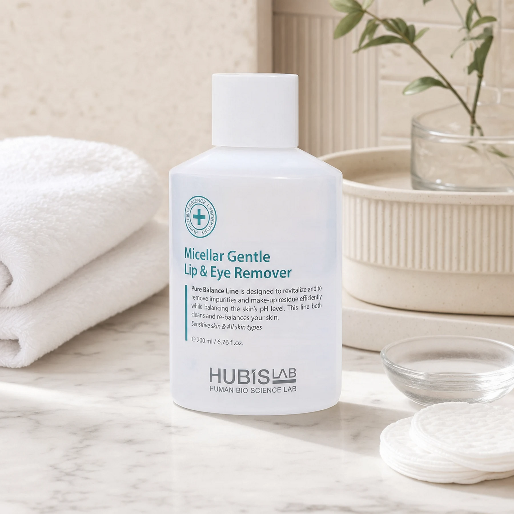 Hubislab Pure Balance Micellar Gentle Lip & Eye Remover 200ml displayed in a premium bathroom vanity setting for sensitive eye and lip makeup removal.