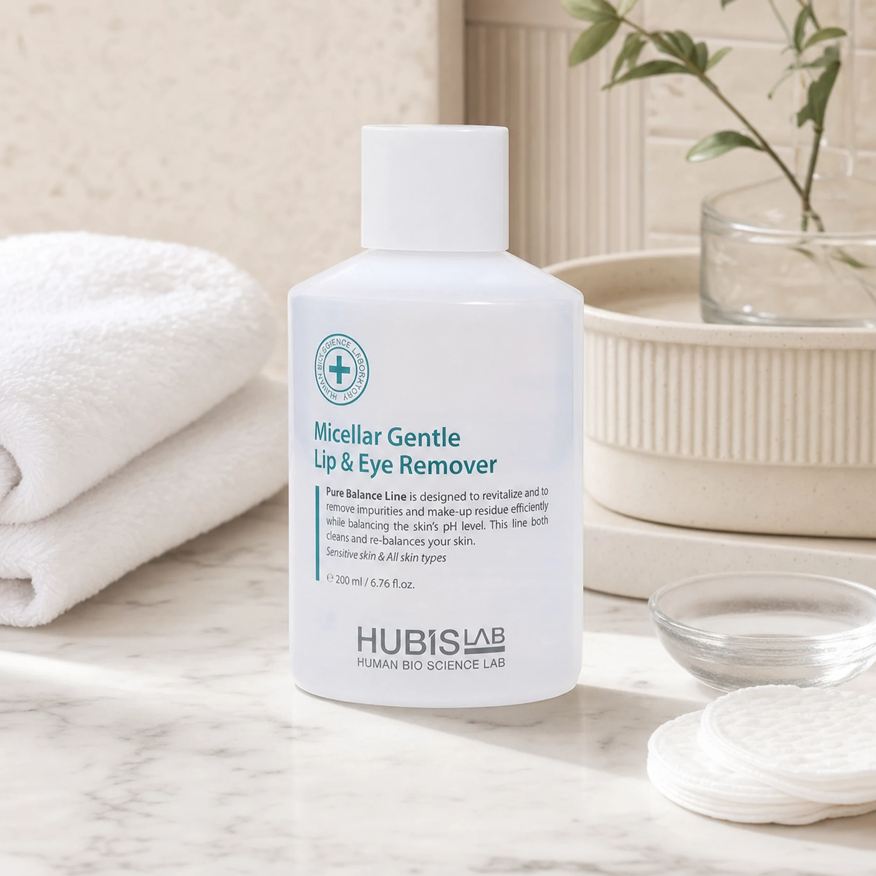 Hubislab Pure Balance Micellar Gentle Lip & Eye Remover 200ml displayed in a premium bathroom vanity setting for sensitive eye and lip makeup removal.