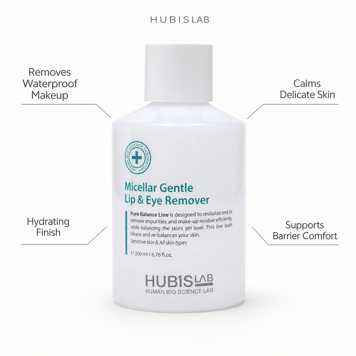 Hubislab Pure Balance Micellar Gentle Lip & Eye Remover 200ml with benefit callouts for waterproof makeup removal, delicate skin comfort, hydration and barrier support.