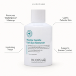 Hubislab Pure Balance Micellar Gentle Lip & Eye Remover 200ml with benefit callouts for waterproof makeup removal, delicate skin comfort, hydration and barrier support.
