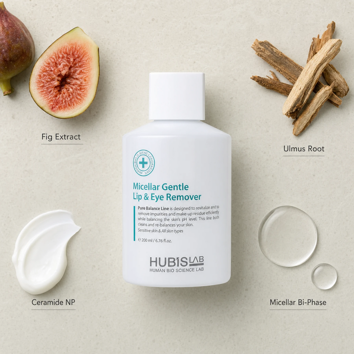 Hubislab Pure Balance Micellar Gentle Lip & Eye Remover 200ml ingredient flatlay featuring Fig Extract, Ulmus Root, Ceramide NP and Micellar Bi-Phase.