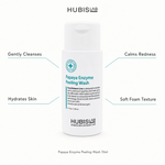 Hubislab Pure Balance Papaya Enzyme Peeling Wash 70ml benefit callout image highlighting gently cleanses, calms redness, hydrates skin and soft foam texture.