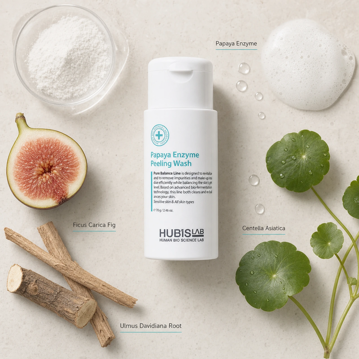 Hubislab Pure Balance Papaya Enzyme Peeling Wash 70ml ingredient flatlay featuring Papaya Enzyme, Ficus Carica Fig, Centella Asiatica and Ulmus Davidiana Root.